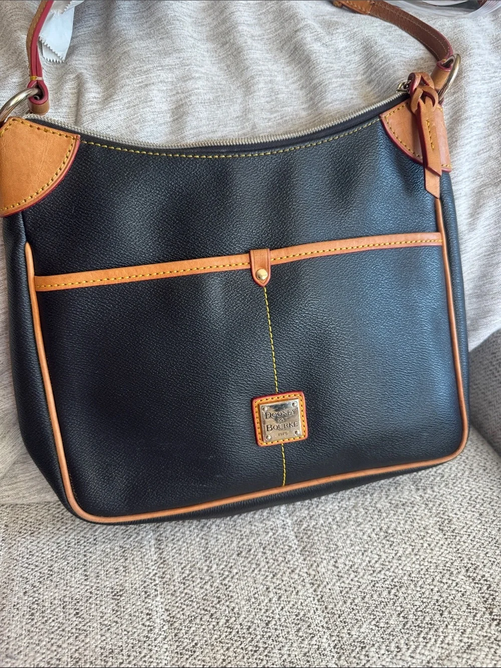 Dooney & Bourke Rebecca Hobo Bag Black Pebble Leather Shoulder Bag with Tan Trim